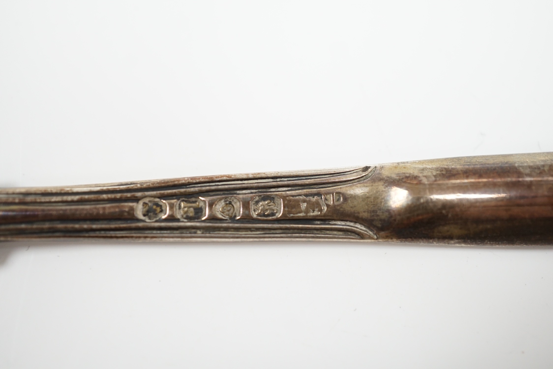 A George III silver marrow scoop, Jacob Marsh, London, 1774, 24.9cm and a George IV silver thread and shell pattern marrow scoop, William Eaton?, London, 1825.